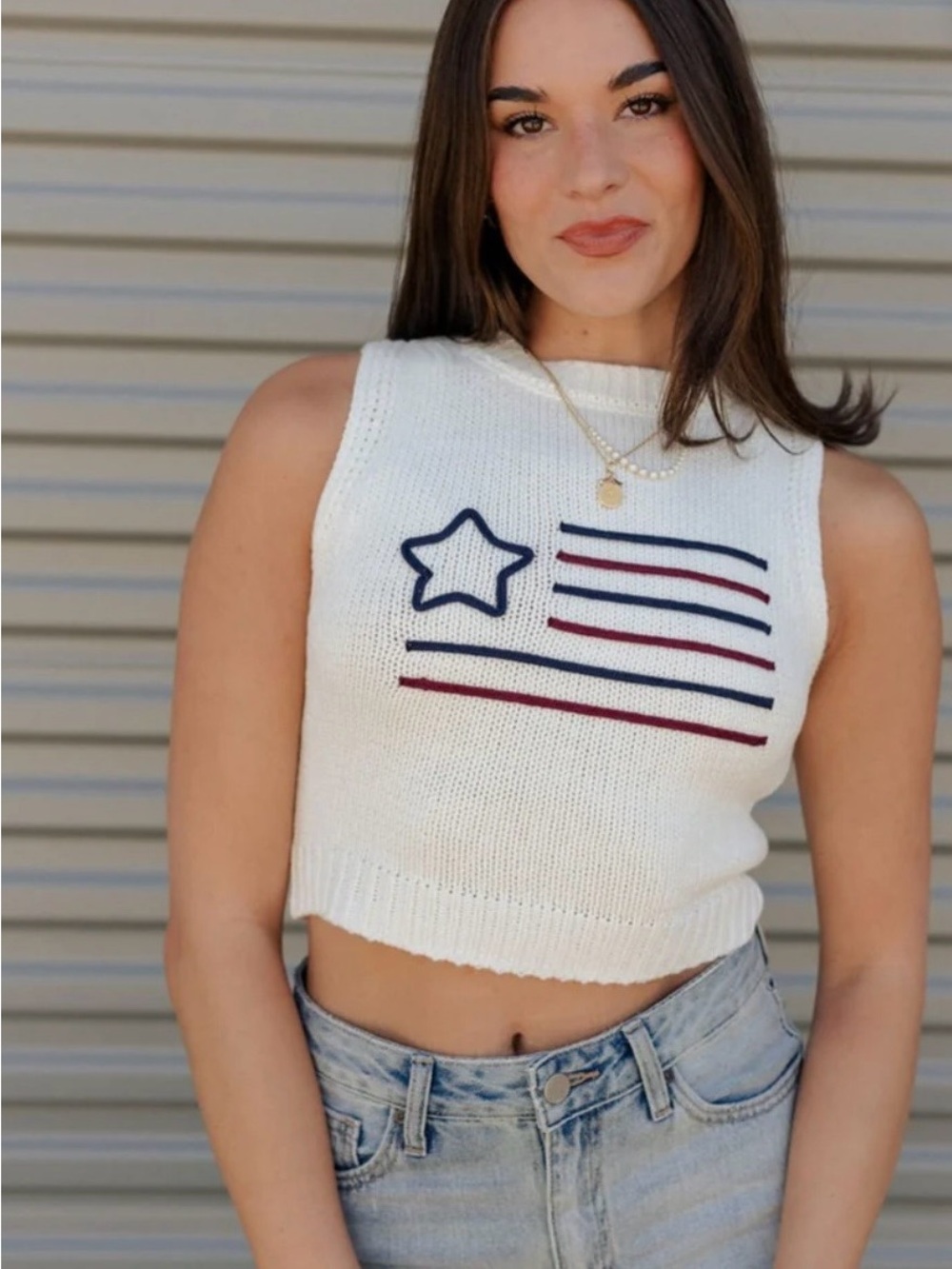 Sleeveless White Knit Flag Crop Top Cream color Small